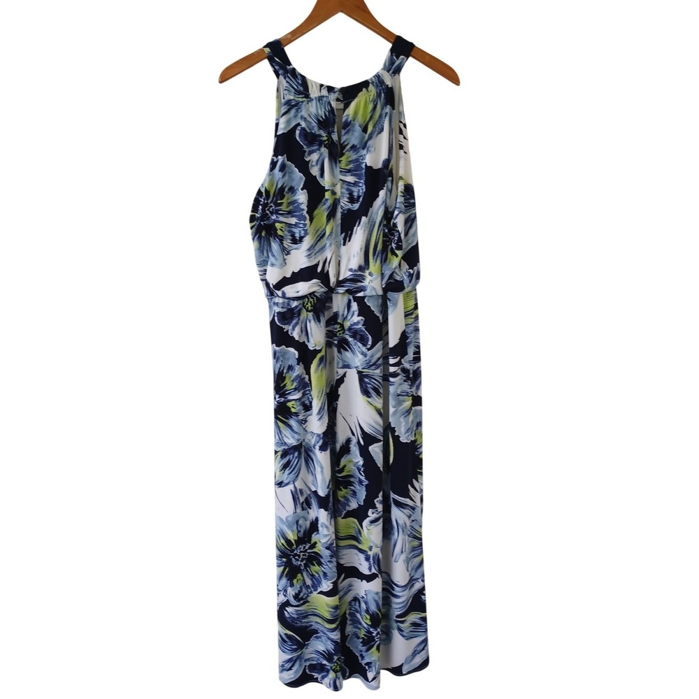 Chicos Blue Green Floral Halter Maxi Dress Size 2 Large Sleeveless Painterly Art - Picture 2 of 10